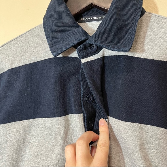 Brandy Melville Cropped Polo Rugby Shirt No Size Stripes Navy Blue Grey - Picture 4 of 8